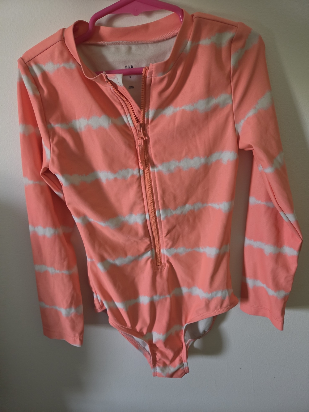 Coral & White Tie-Dye Long Sleeve Zip Front Swimsuit